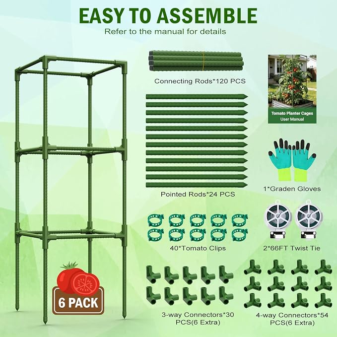 Uyittour 6 Pack Square Tomato Cages for Garden, 45" Heavy Duty Tomato Trellis Plant Support Cages for Raised Garden Bed Climbing Vegetables, Set with Garden Gloves, 40 Clips & 2 Rolls 65FT Tie Wire