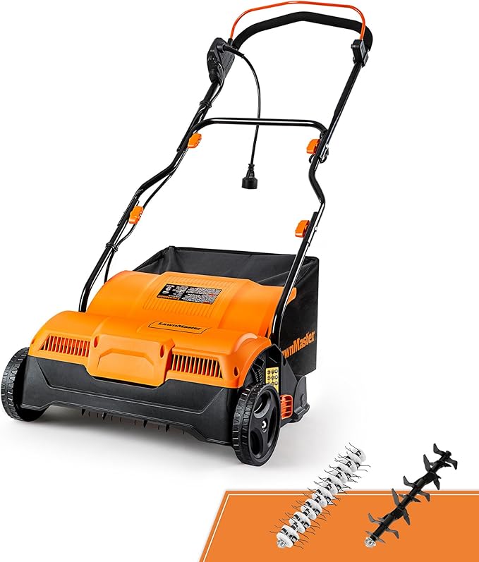 LawnMaster 16” Electric Dethatcher Scarifier and VEVOR 24” Steel Compost Spreader Bundle for Lawn and Garden