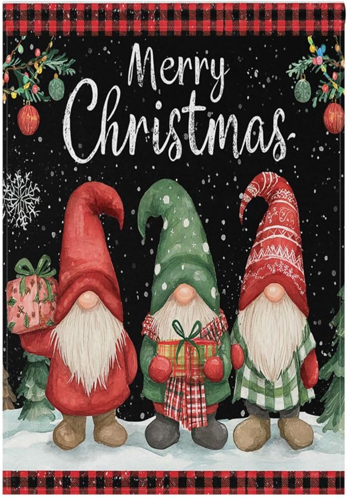 Pfrewn Christmas Winter House Flag 28x40 Double Sided Gnome with Gifts Berry Xmas Tree Large Garden Yard Flags Welcome Seasonal Outdoor Indoor Banner for Xmas Holiday Yard Home Decoration