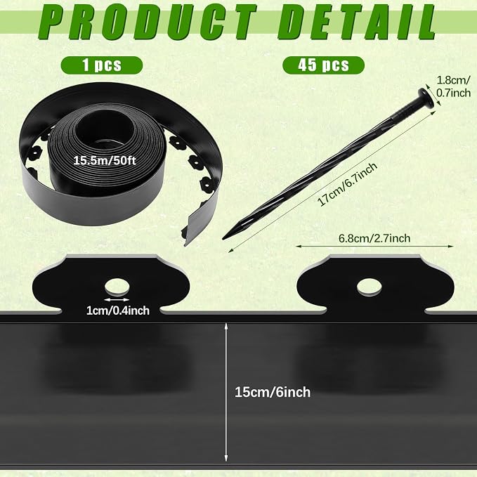 Sasylvia 6'' x 50' Landscape Edging Kit Plastic Garden Edging Border Include 45 Anchoring Spikes for Lawn Garden Grass Yard Home School, Black