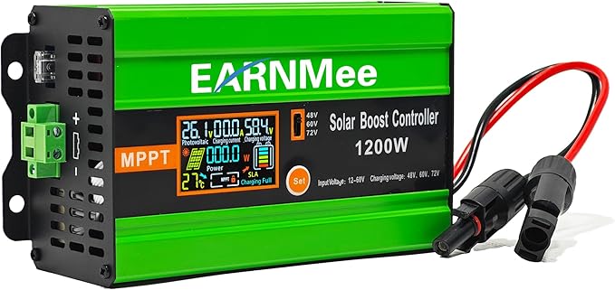 30A Boost MPPT Solar Charge Controller 1200W, 48V/60V/72V Adjustable, 99% Tracking Efficiency & 98% Conversion Efficiency, Compatible with Lead-Acid/Lithium Batteries,HD LCD,Output Max 15A