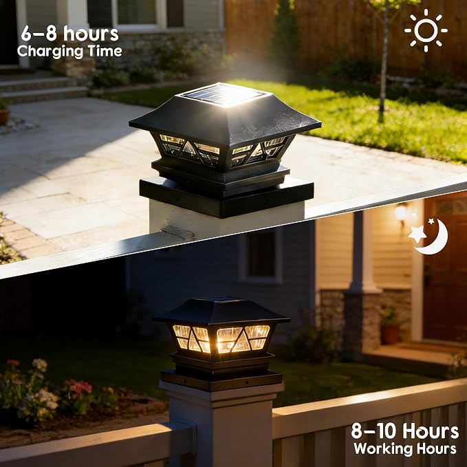 TW SHINE 2 Pack Solar Outdoor Fence Post Lights, 2 Modes Post Cap Lights Waterproof Color Changing Warm White/Cool White for Yard, Garden, Porch, Patio Decor, for 4x4 5x5 6x6 Wood Posts