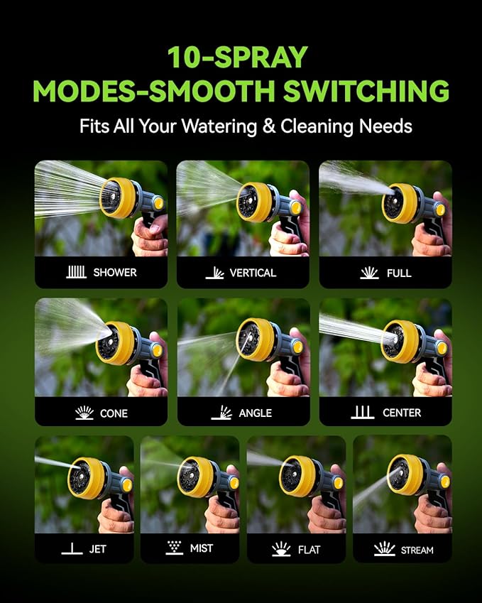 RAINPOINT Full-Metal Garden Hose Nozzle, Heavy Duty Water Hose Nozzle Sprayer With 10 Adjustable Patterns & High Flow,Thumb Control For Flow Adjustment, Ideal For Watering, Washing, Cleaning,Yellow