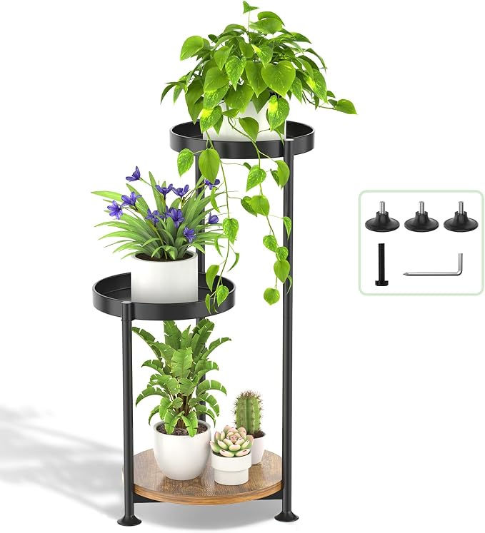 Oppro 3 Tier Plant Stand Indoor Outdoor, Corner Tierd Metal Flower Shelf Pot Holder Clearance, Tall Multiple Plants Rack Narrow Display Organizer for Patio Orchid Office Porch Living Room Garden,Black