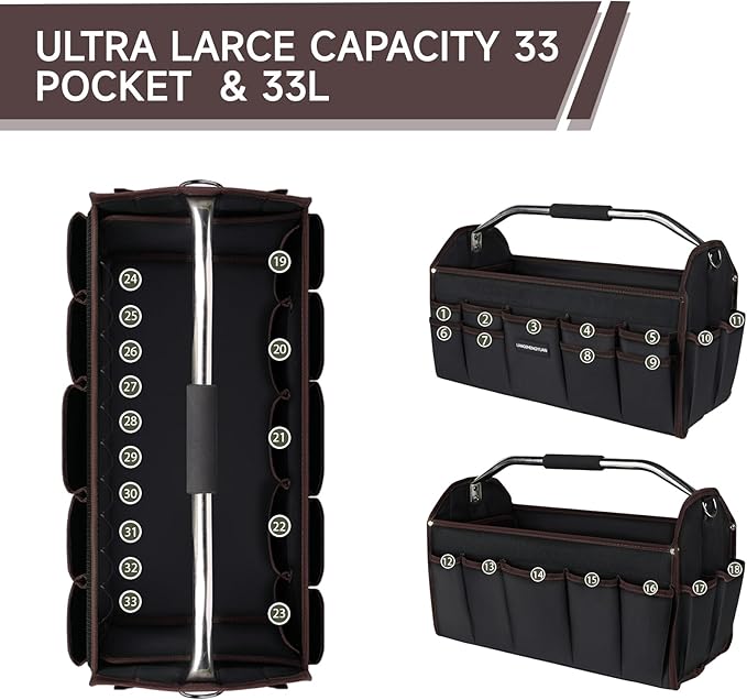 16 In Tool Carrier, Open Top Tool Tote 30 Pockets, Waterproof Tool Bag For Men, Foldable Wide Mouth Electricians Tool Bag, With Stainless Steel Handle and Removable Shoulder Strap