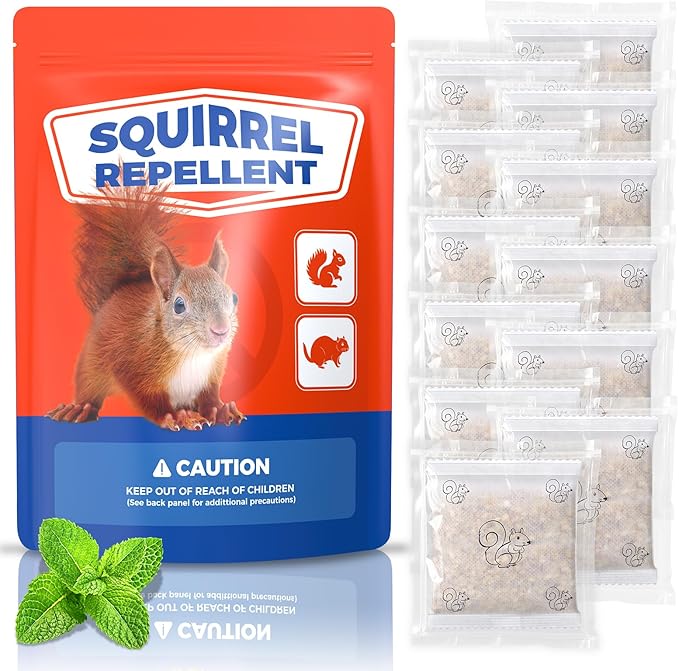 Squirrel Repellent 12 Packs, Keep Squirrels Out of Flower Pots Farmland, Natural Squirrel Deterrent for Bird Feeders, Chipmunk Repellent for Garden Patio, Repel Squirrels from Attic Car Indoor