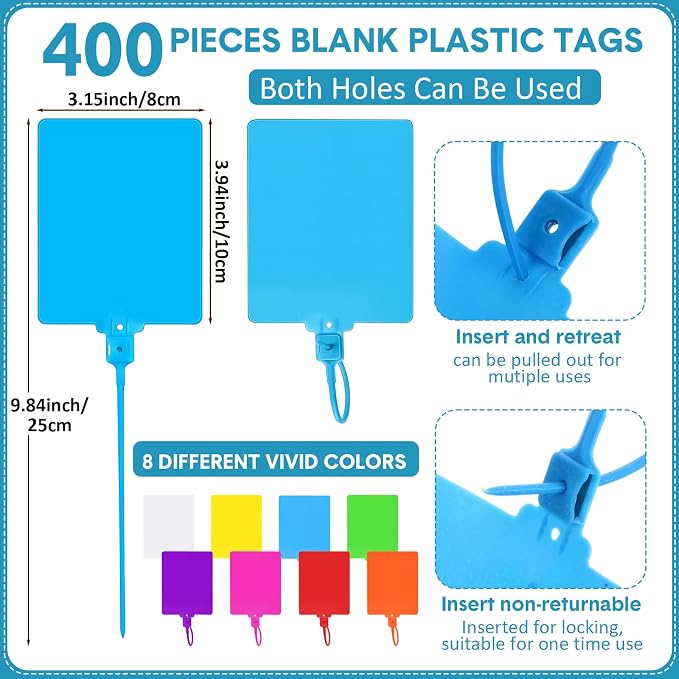 Novabright 400 Pcs Multicolor Waterproof Blank Plastic Shipping Tags Bulk 3.94" x 3.15" Large Writable Sealing Mark Labels Tie with String for Luggages Inventory Logistics Keys