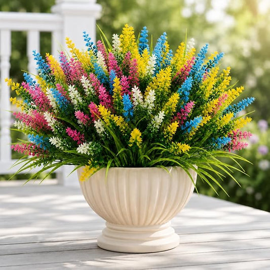 24 Bundles Artificial Lavender Flowers for Outdoor, UV Resistant Faux Plants with 4 Mixed Colors (Light Blue, White, Pink, Yellow), Realistic Fake Outdoor Flowers for Garden Porch Window Box Decor