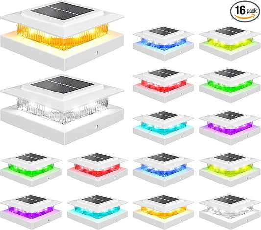 NIORSUN Solar Post Cap Lights Outdoor Waterproof, 4x4 Post Solar Lights RGB Color Changing, Fence Posts Solars Light for Deck Patio Garden Deco, 4x4 Posts Caps Wood Vinyl, 5x5 Vinyl, 16 Pack (White)