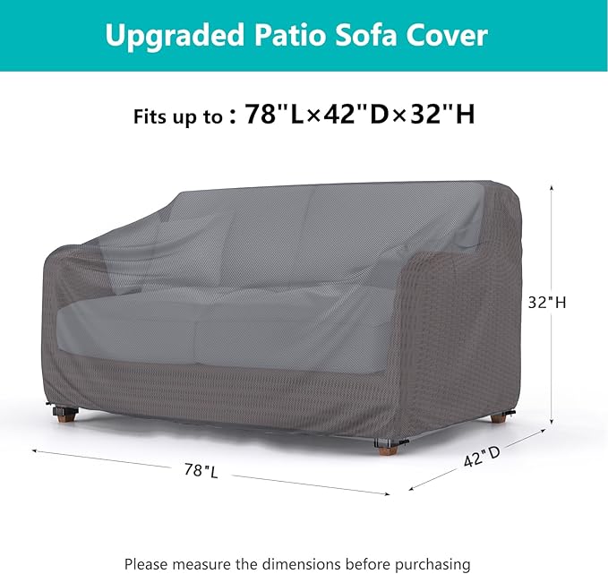 Patio Sofa Cover Waterproof - Heavy Duty 3-Seater Outdoor Couch Cover, Patio Furniture Covers with Air Vent and Handles, 78"L ×42" D×32" H, Gray