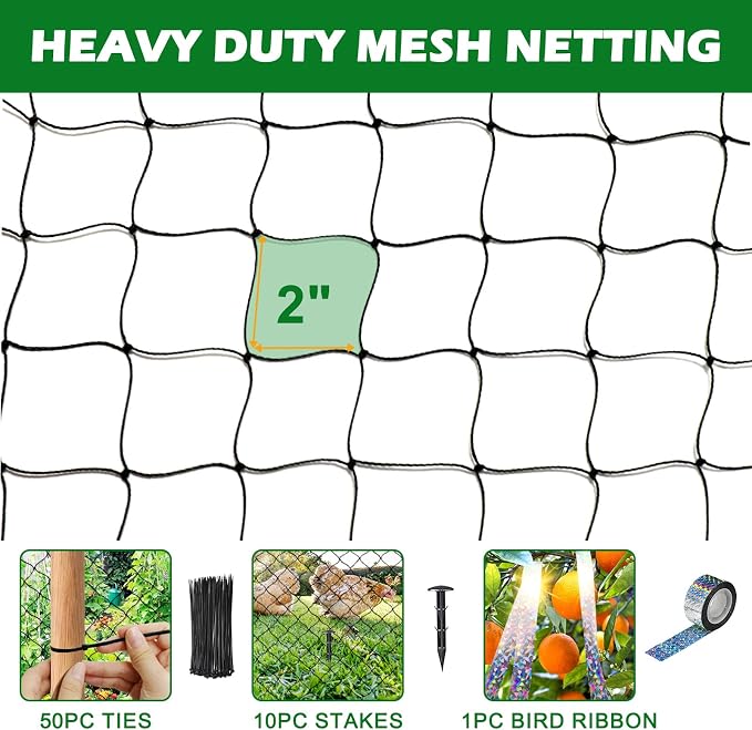 BSTPCOO Bird Netting 25'x50' with 2" Mesh Garden Net with Bird Scare Tape, Avian Nettings for Chicken Coop Roof, Heavy Duty Nylon Nettings for Garden, Chicken Coop Netting Fruit Tree Net