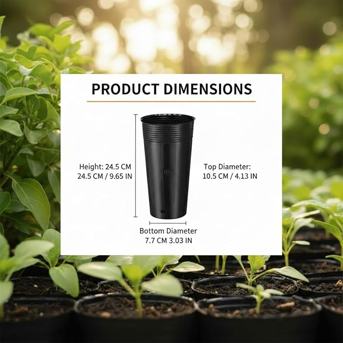 100 Pack Tall Tree Pot 9.8'' x 4.7'', Black Plastic Deep Nursery Pots, Soft Deep Seedling Pots for Seed Starting, Plant Starter Cups with Drainage Holes for Flowers, Cuttings Transplanting