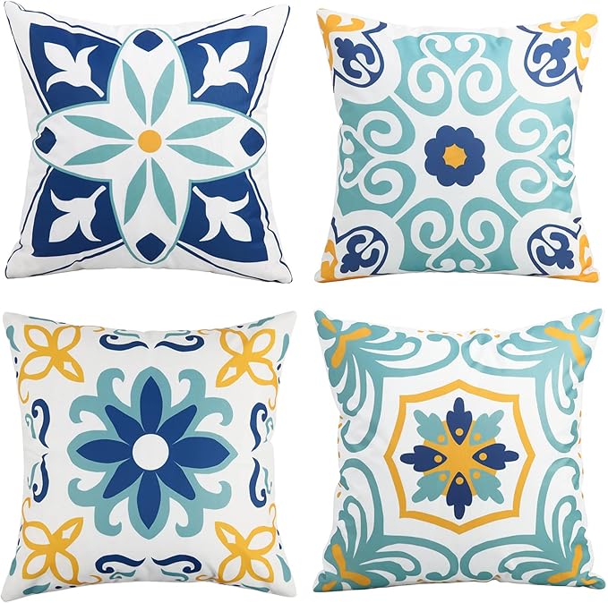 Pyonic Outdoor Waterproof Throw Pillow Covers Set of 4 Floral Printed and Boho Farmhouse Outdoor Pillow Covers for Patio Funiture Garden 20x20 Inch Blue