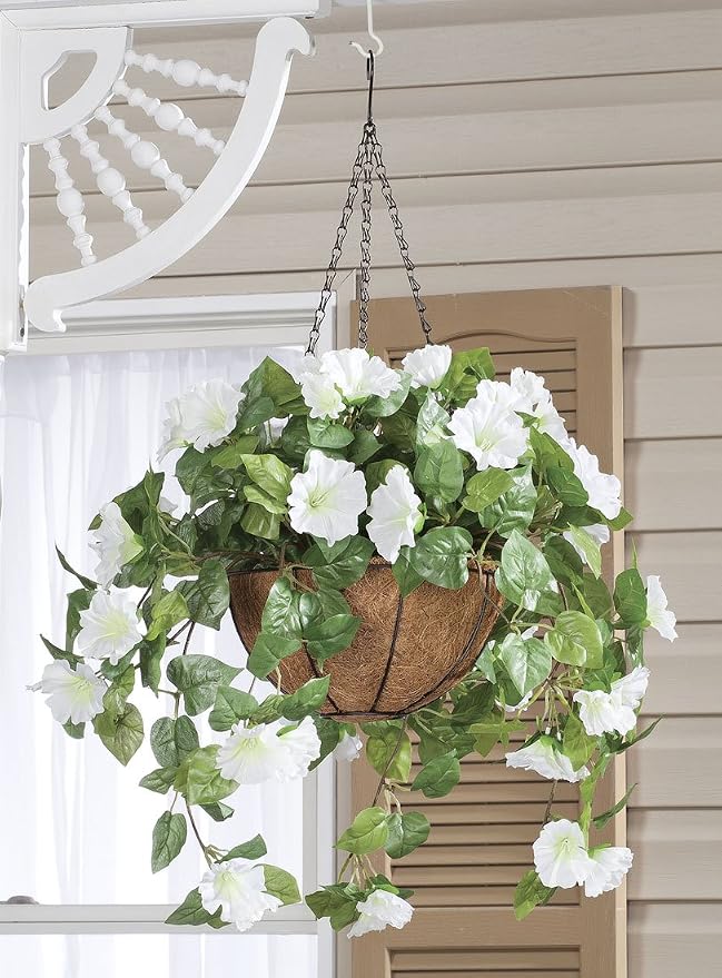 OakRidge Miles Kimball Fully Assembled Artificial Petunia Flower Hanging Basket, 10” Diameter and 18” Chain – Polyester/Plastic Flowers in Metal and Coco Fiber Liner Basket for Indoor/Outdoor Use