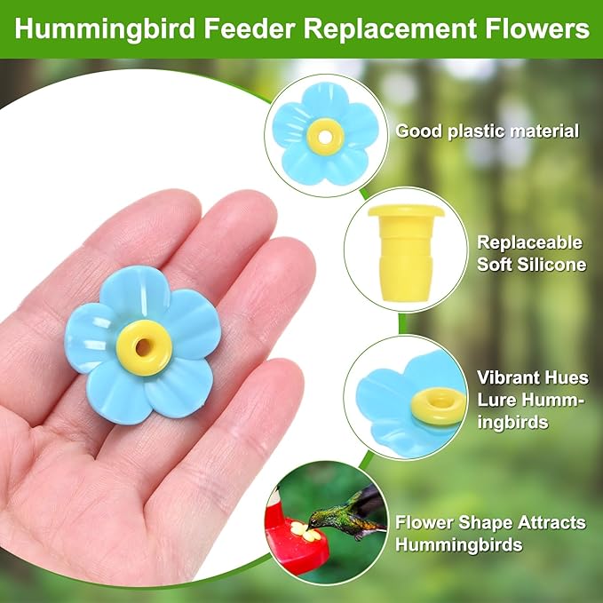 M METERXITY 16-Pack Hummingbird Feeder Replacement Flowers, Plastic Pet Hummingbird Feeding Parts Feeding Ports for Outdoor Hanging Feeders, Bees Guards [Blue]
