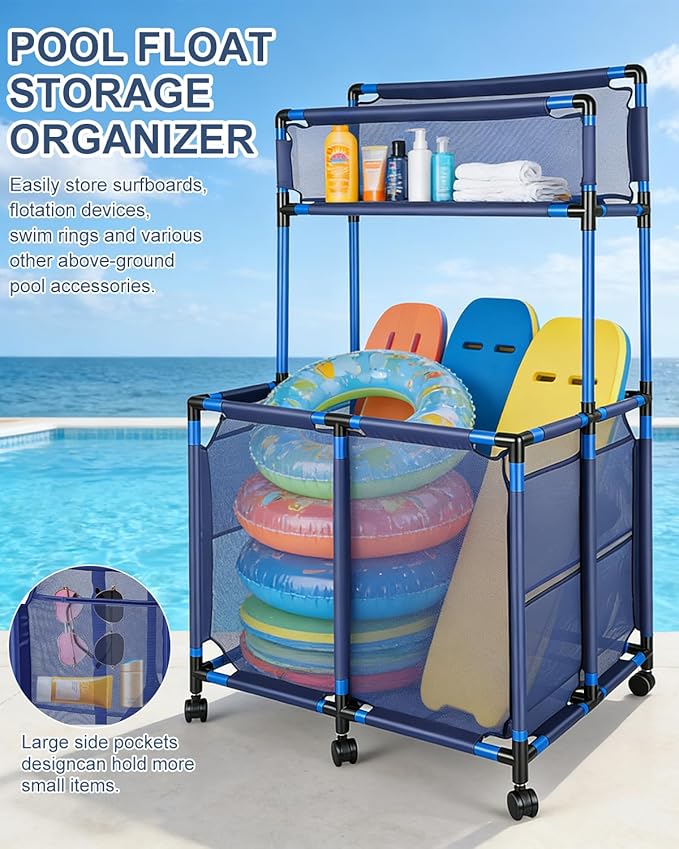 Pool Storage Bin Cart with Noodle Holder, Rolling Pool Storage Organizer Top Shelf Nylon Mesh Basket for Goggles, Floats, Balls and Floats Equipment