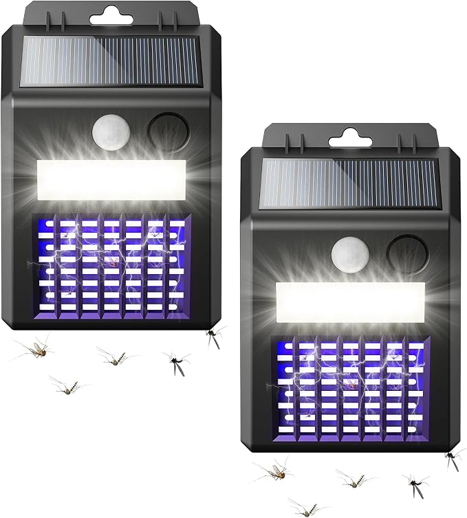 Solar Bug Zapper Outdoor - 2-in-1 Waterproof Cordless Mosquito Zapper with 3 Modes, Motion Sensor Light & UV Light, Rechargeable Mosquito Killer Lamp for Patio Yard Garden