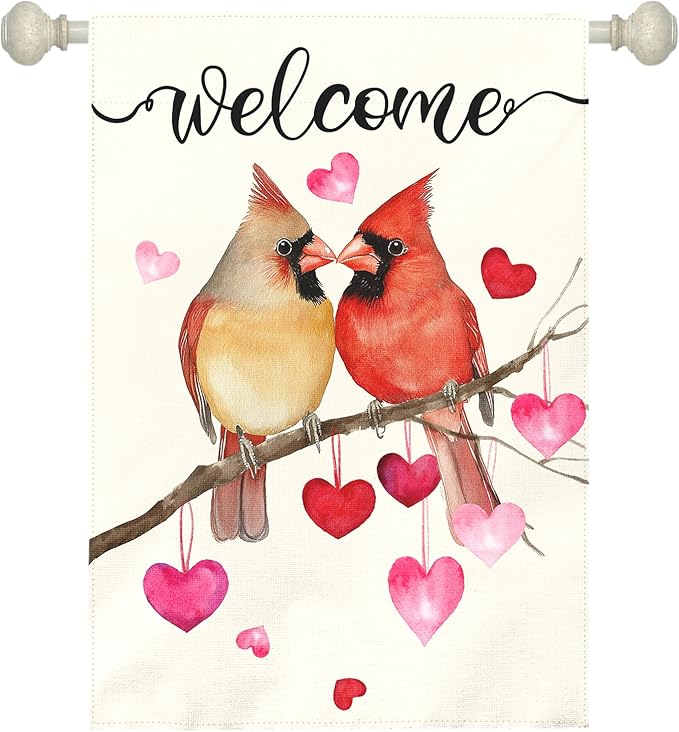 Welcome Valentine's Day Garden Flag Cardinal Love Heart Vertical Double Sided House Banner Holiday Anniversary Wedding Red Birds Large Yard Flags Farmhouse Valentines Day Decor 28 x 40 Inch