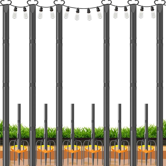 10Ft String Light Poles 6 Pack,Poles for Outdoor String Lights with Fork and Fence Clamp,Hanging Lights Metal Stand Post for Deck Patio Backyard Garden Decorations