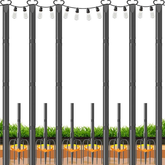 10Ft String Light Poles 6 Pack,Poles for Outdoor String Lights with Fork and Fence Clamp,Hanging Lights Metal Stand Post for Deck Patio Backyard Garden Decorations