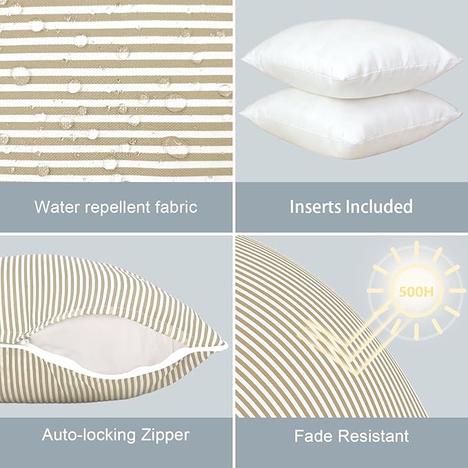 LVTXIII Set of 2 Patio Throw Pillows Waterproof 18"x18" Fade Resistant Outdoor Throw Pillows with Inserts, Fluffy Decorative Garden Toss Pillow Cushions for Home Patio Coach Sofa Use, Strip Beige
