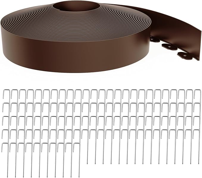 Landscape Edging 4 Inch Tall 100FT with 110Pcs Metal Spikes, Plastic Garden Edging Border Landscape Edging Border Lawn Edging for Landscaping, Flower Bed, Yard(Brown)