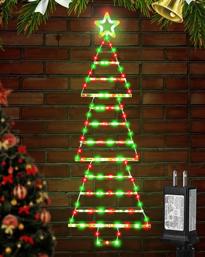 LED Christmas Lights Outdoor,4.6ft 189 LED Christmas Tree Ladder Light with Star Topper 8 Modes Christmas Decorations Lights for Indoor Outdoor, Window, Garden, Home, Wall, Xmas Tree Decor-Red &Green