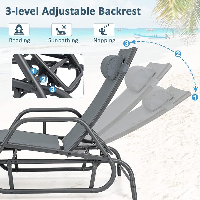 Tangkula Outdoor Glider Recliner Chair, Adjustable Backrest Patio Gliding Lounger Chair with Armrests and Pillow, Outdoor Swinging Rocking Chair with Breathable Fabric for Poolside, Backyard (2, Grey)