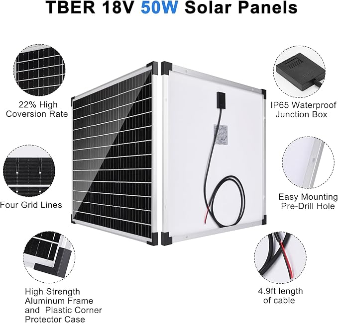 TBER 50W/12V Solar Panel Kit with 10A Charge Controller, Monocrystalline Solar Battery Trickle Charger Maintainer for Automotive Motorcycle Boat Marine RV Camping RV Farm Other Off-Grid Applications