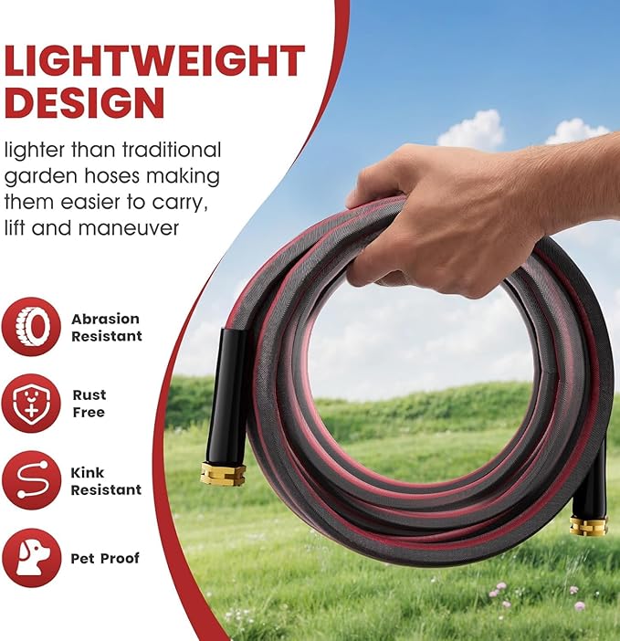 100FT Non-Expanding Garden Hose, Lightweight & Kink-Free, Flexible Heavy Duty Water Hose for Lawn, Yard, Car Washing
