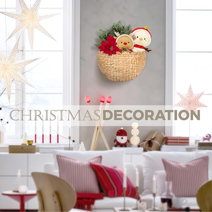 Handwoven Water Hyacinth Scalloped Hanging Basket, Wall Basket Hanging for Flowers Front Door Entryway, Living Room Scalloped Décor Wall Hanging Baskets 16" x 10" x 7", Boho Hanging Storage (Natural)