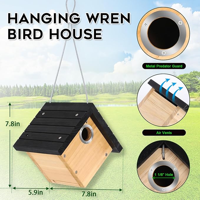 Gtongoko 1-1/8" Entrance Hole Wren House, Hanging Wren Bird Houses for Outside for Nesting with Metal Guar Bird Nest with Air Vents, Clean Door for Wildbird Watching 2 Pack Black