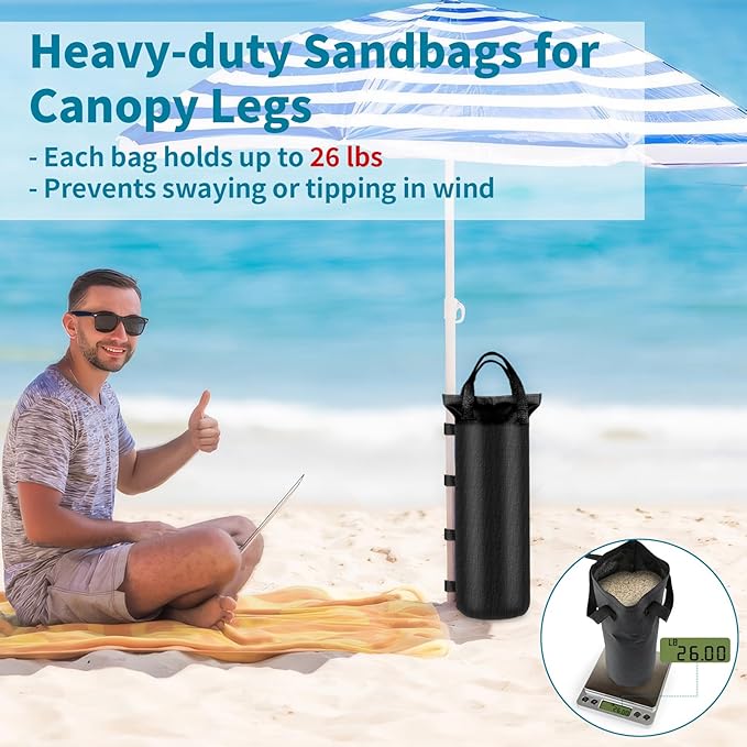 4 Sand Bags for Weight, Heavy Duty Sandbags for Canopy Legs, Extra Large Pop Up Tent Weights, Canopy Weight Bags for Gazebo, Outdoor Sun Shelter, Umbrella - Black, 6"×20", Without Sand