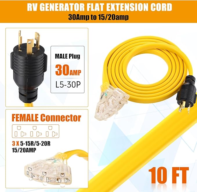 Tellegloww 10 ft NEMA L5-30P to 3X 5-20R/5-15R RV Generator Flat Extension Cord, 30A 3Prong Lock Generator to 110V 15/20A Outlet Distribution Adapter 10 Gauge ETL Listed, Yellow