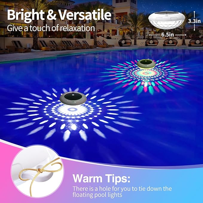 Floating Pool Lights Solar Powered, 6.5“ Vibrant RGB Colors Pool Lights that Float with Dynamic Lighting Effects, Waterproof Float or Hang Solar Floating Light for Pool Hot Tub Garden Party(1)