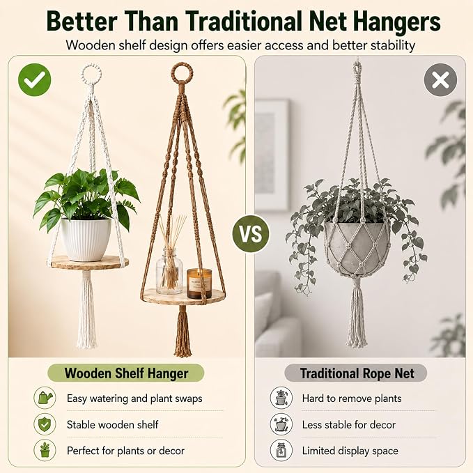 Artilady 2 Pack Macrame Hanging Planter with Wood Shelf, Boho Plant Hanger for Indoor Plants Basket Holder for Window Balcony Kitchen