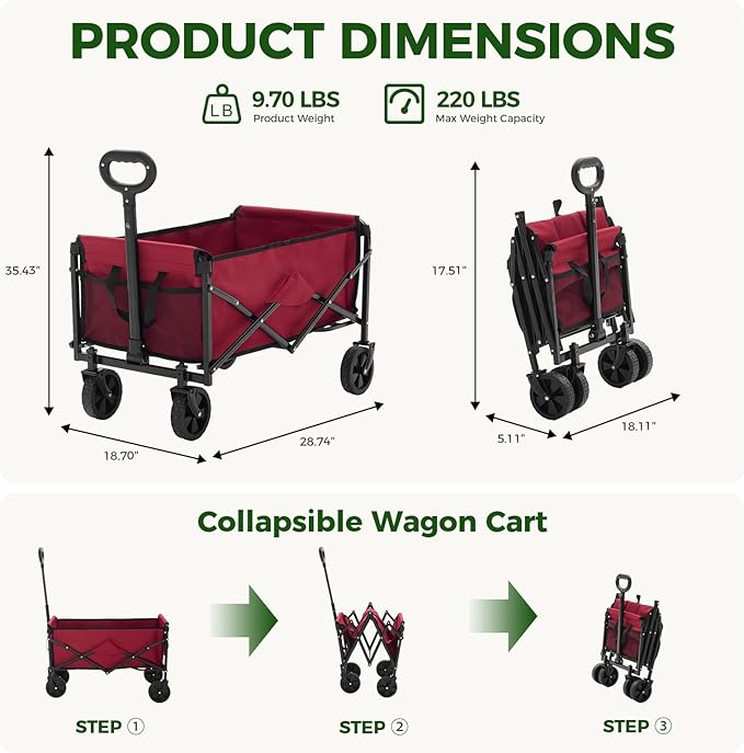 DUMOS Collapsible Wagon Cart, Heavy Duty Foldable Utility Wagon with Wheels – 220 lbs Capacity, Flexible Handle for Beach, Garden, Sports, Grocery & Camping, Red