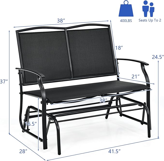 Giantex Patio Glider Benches for Outside, Swing Glider Chair with Steel Frame, 400 LBS Capacity, Patio Swing Rocker, 2-Person Loveseat for Backyard, Poolside, Lawn, Balcony, Porch Glider Bench(Black)