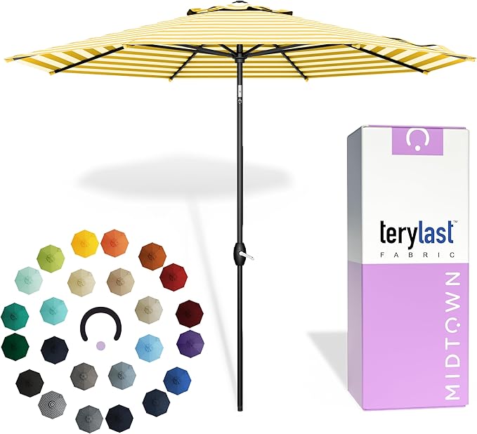 Midtown Umbrellas - 10-Year-No-Fade 10 Ft Patio Umbrella with Terylast Fabric, Auto-Tilt Aluminum Frame and 8 Reinforced Ribs for Deck, Pool, Garden & Beach - White/Yellow Stripes Canopy, Black Pole