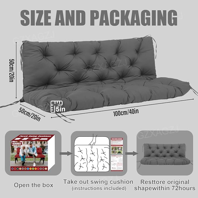 Porch Swing Cushions Outdoor 40x40 inch Waterproof Extra Thick 5" Swing Cushions Replacement with Backrest and Ties for Outdoor Furniture Porch Patio Garden Lawn (Gray)