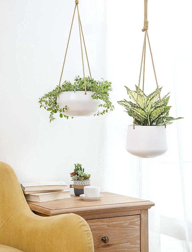 Mkono Ceramic Hanging Planter and Wall Hook Hanging Plant Bracket, Modern Plant Pot Geometric Porcelain Hanging Basket with Polyester Rope Hanger