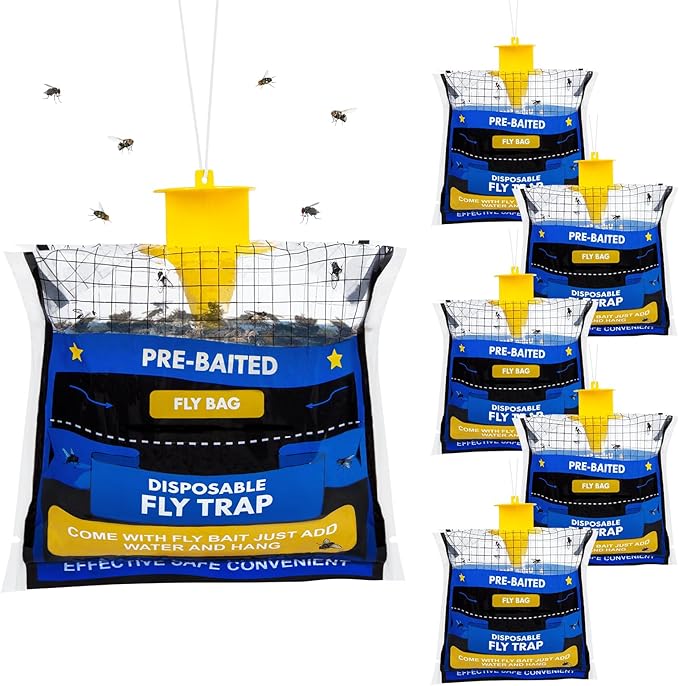 6 Pack Fly Traps Outdoor Hanging for Patio, Outdoor Disposable Hanging Fly Trap with 30g Bait, Bug Fly Hunter Catcher Killer Control for Barn Horse Ranch Chicken Coop