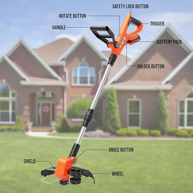 VARSK 12 Inch 20V Cordless Weed Wacker with Automatic Line Feed, 2 in 1 String Trimmer and Edger, Includes 2 X 2.0Ah Batteries/1 X Charger/6 X Replacement Spools, Weed Eater for Lawn, Garden, etc