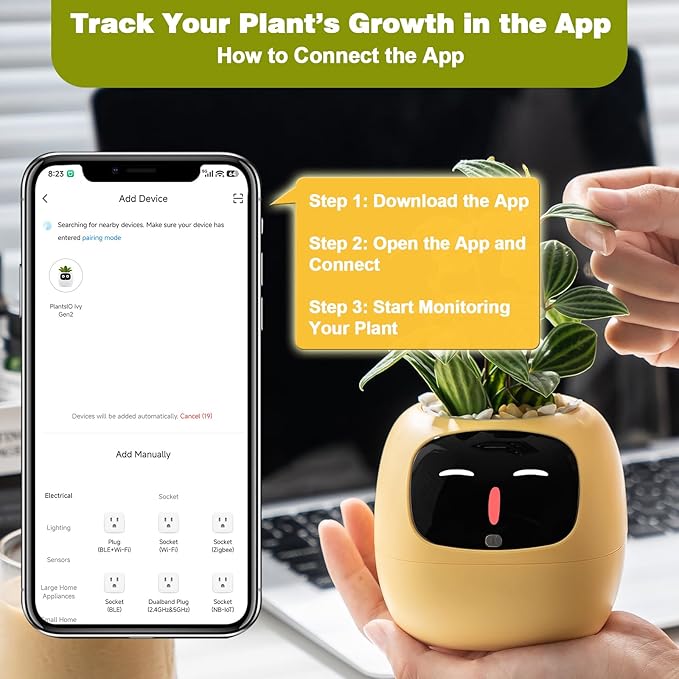 Smart Planter with App Control, Self-Watering AI Plant Pot with LCD Display, Interactive Desk Plant Companion for 100+ Plants, Smart Indoor Planter with Pomodoro Timer,80ml Reservoir,Calendar-Yellow