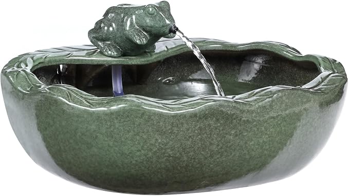 Ceramic Solar Water Fountain Outdoor – 11" Glazed Frog Solar Garden Fountain, Solar Powered Fountain for Garden, Patio, Yard, Tabletop