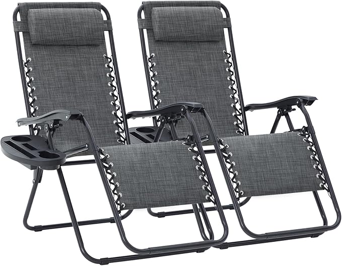 JEAREY Zero Gravity Lounge Chairs Set of 2, Adjustable Steel Mesh Recliners with Pillows and Cup Holder Trays for Patio, Garden, Beach, Dark Grey