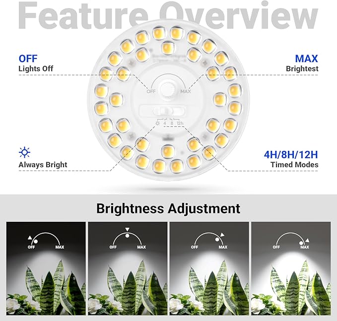 Barrina Orbgrow OG11A3 Clip On Grow Lights for Indoor Plants, Integrated Stepless Dimming & Timing, 5000K 33W(3 x 11W, 300 Watt Equiv), Full Spectrum 3-Gooseneck with E26 Plant Light Bulbs