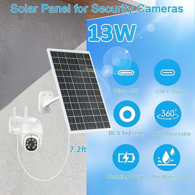 FUTUREZEN 13W Solar Panel for Security Cameras & Trail Cameras, USB-C, Micro USB & 5.5x2.1mm DC Output, IP66 Waterproof, 360° Adjustable Mount, 7.2FT Cable, 2 Pack