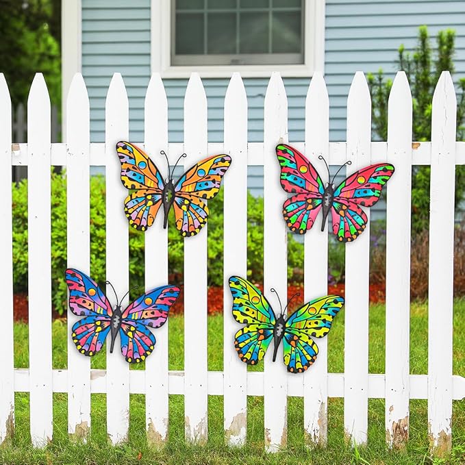 4 Pack Outdoor Butterfly Wall Decor - 9.6 inches Metal Butterfly Wall Art Decorartion for Yard Fence Garden Patio Balcony