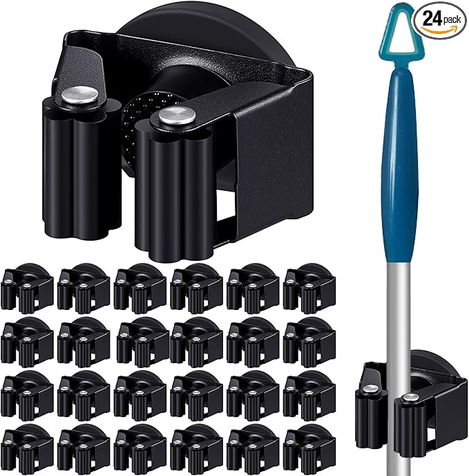 Vercraft 24 Pcs Magnetic Mop Broom Holder Movable Magnetic Broom Holder Rack, Anti Slip Wall Mounted Utility for Cleaning Tools, Garage, Kitchen, Laundry, Garden (Black)